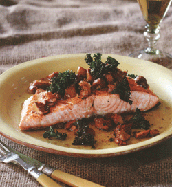 Wild Salmon with Chanterelles and Roasted Kale