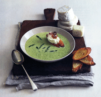 Asparagus Soup with Goat Cheese Crostini and Fried Shallots