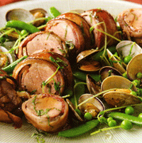 Bacon-Wrapped Pork Tenderloin with Clams and Sweet Peas