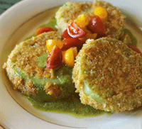 Fried Green Tomatoes with Arugula Pesto and Cherry Tomato Relish