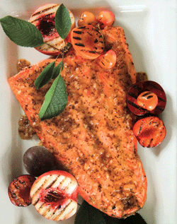 Grilled Wild Salmon with Apricot Mustard Glaze and Stone Fruit