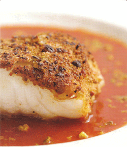 Pistachio-Crusted Sea Bass with Tomato Curry Broth