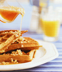 Pumpkin-Orange Waffles with Hazelnut-Maple Syrup Butter