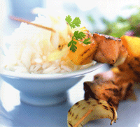 Brochettes of Smoked Salmon with Sweet Onions, Pineapple, and Curry Glaze